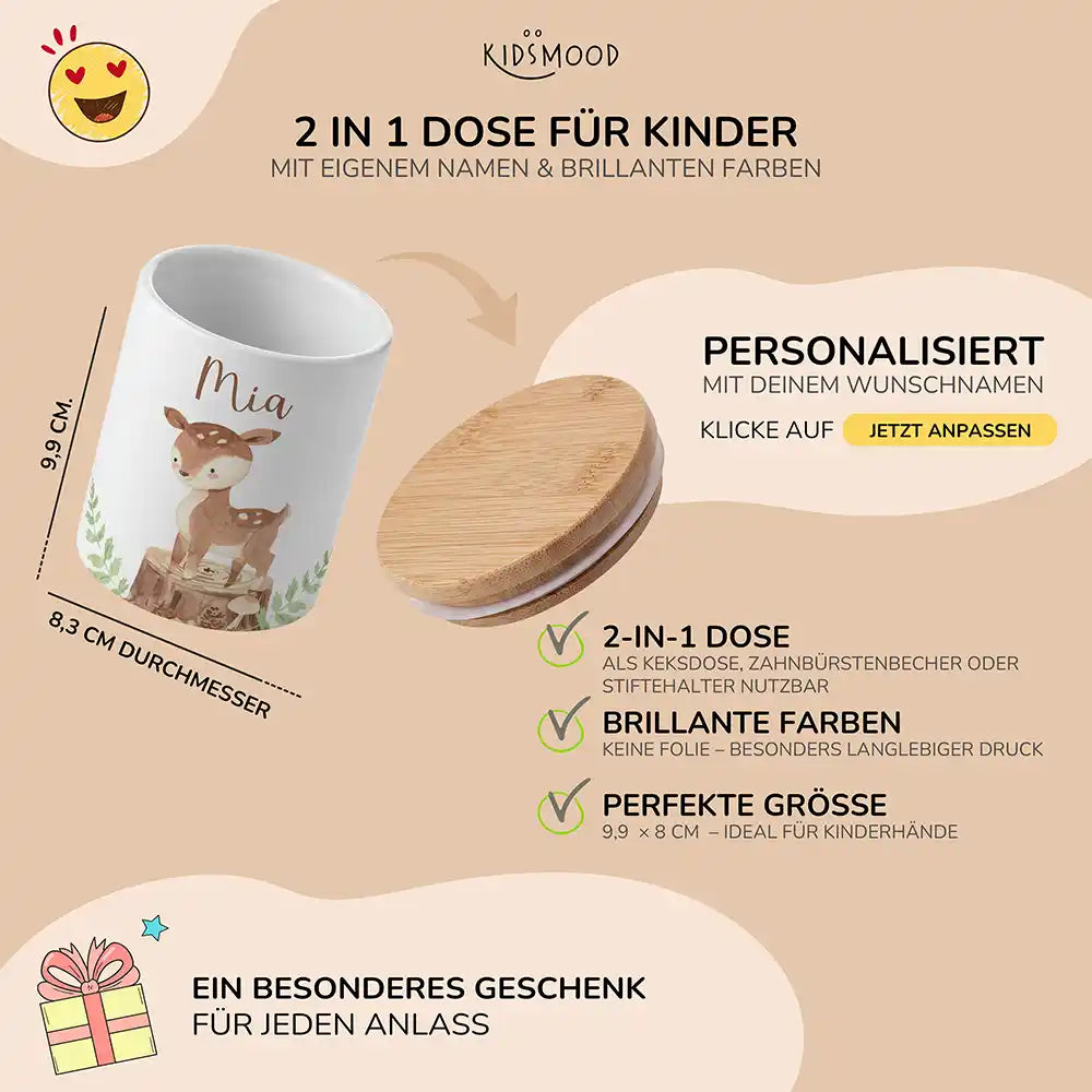Personalisierte Keksdose Rehkitz Wald - mit eigenem Namen fuer kleine Schleckermaeuler