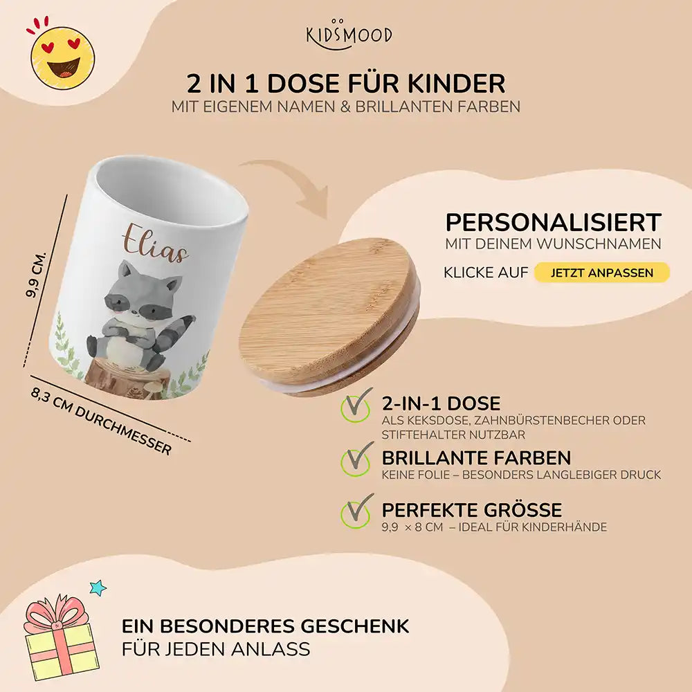 Personalisierte Keksdose WaschbÀr Wald - mit eigenem Namen fuer kleine Schleckermaeuler