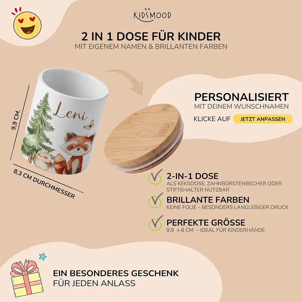 Personalisierte Keksdose Roter Panda & Eule - mit eigenem Namen fuer kleine Schleckermaeuler