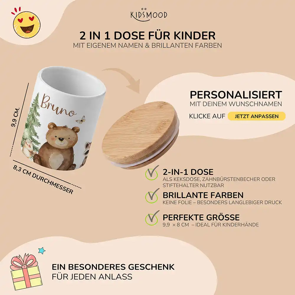 Personalisierte Keksdose BÀr & WaschbÀr - mit eigenem Namen fuer kleine Schleckermaeuler
