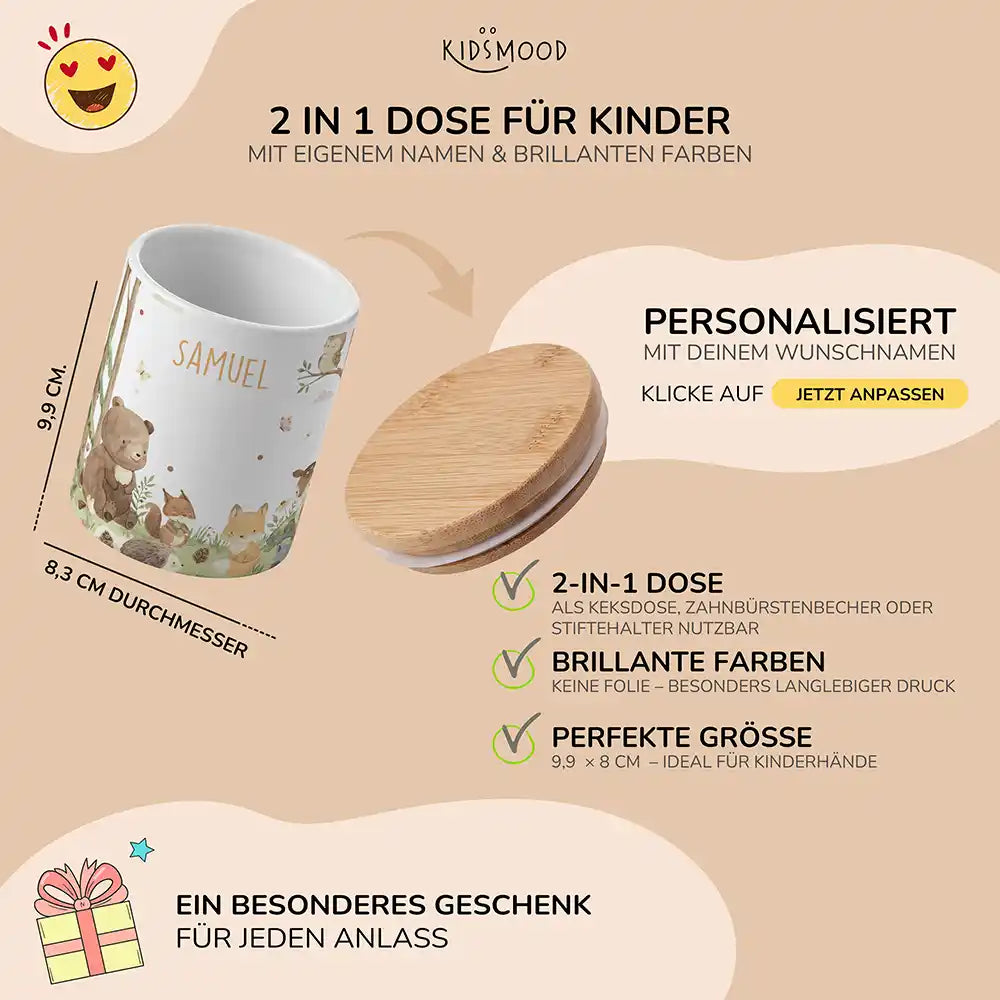 Personalisierte Keksdose Waldfreunde I - mit eigenem Namen fuer kleine Schleckermaeuler