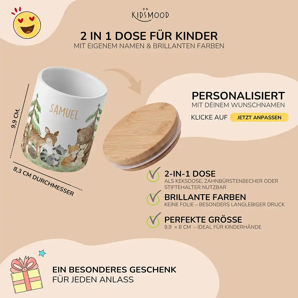 Personalisierte Keksdose Waldfreunde III - mit eigenem Namen fuer kleine Schleckermaeuler