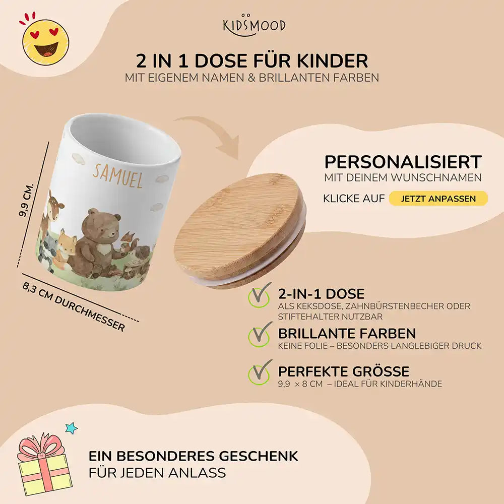 Personalisierte Keksdose Waldfreunde IV - mit eigenem Namen fuer kleine Schleckermaeuler