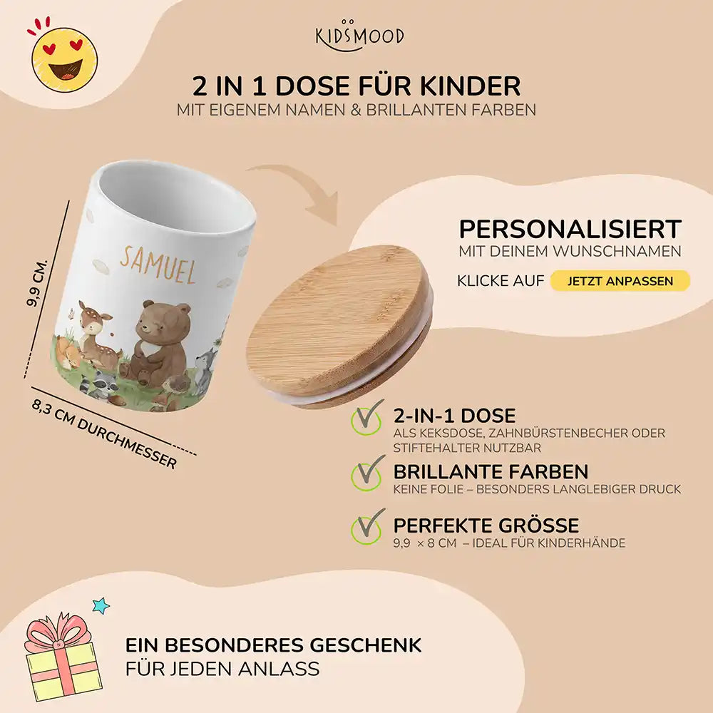 Personalisierte Keksdose Waldfreunde VI - mit eigenem Namen fuer kleine Schleckermaeuler
