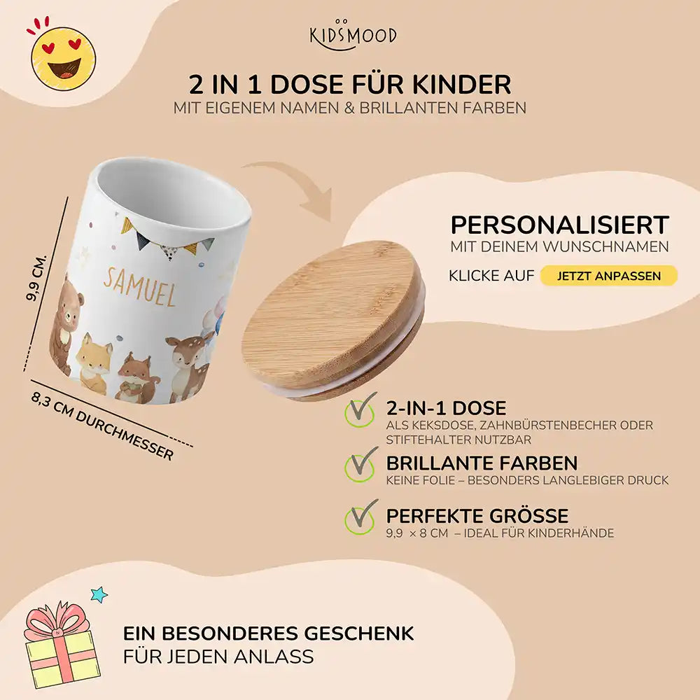 Personalisierte Keksdose Waldtiere Party - mit eigenem Namen fuer kleine Schleckermaeuler