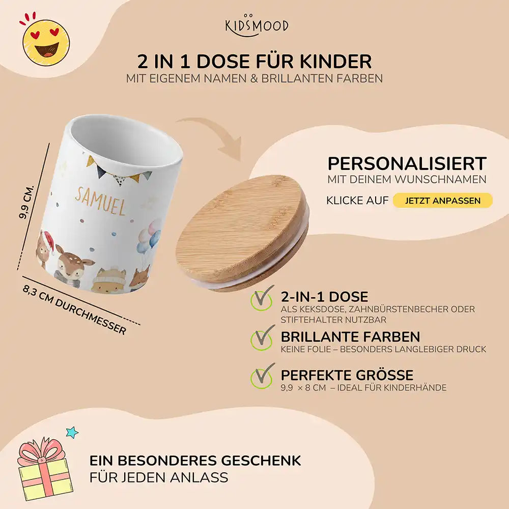 Personalisierte Keksdose Waldtiere Geburtstag - mit eigenem Namen fuer kleine Schleckermaeuler