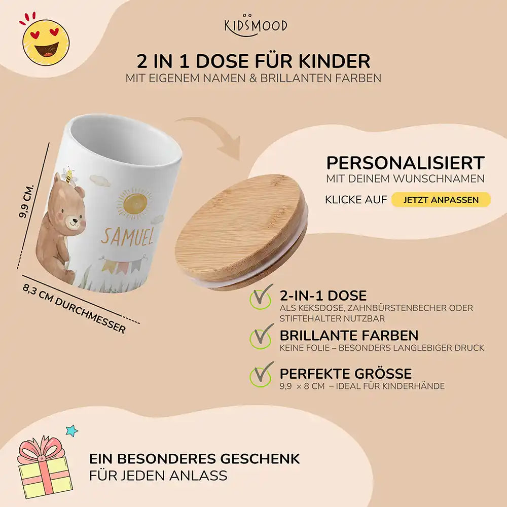 Personalisierte Keksdose BĂ€r Sommer - mit eigenem Namen fuer kleine Schleckermaeuler