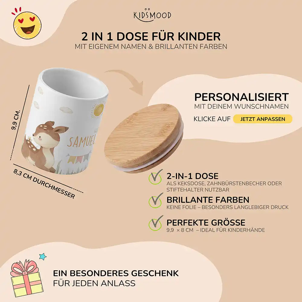 Personalisierte Keksdose Rehkitz Sonne - mit eigenem Namen fuer kleine Schleckermaeuler