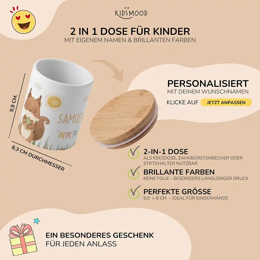 Personalisierte Keksdose Eichhörnchen Sommer - mit eigenem Namen fuer kleine Schleckermaeuler