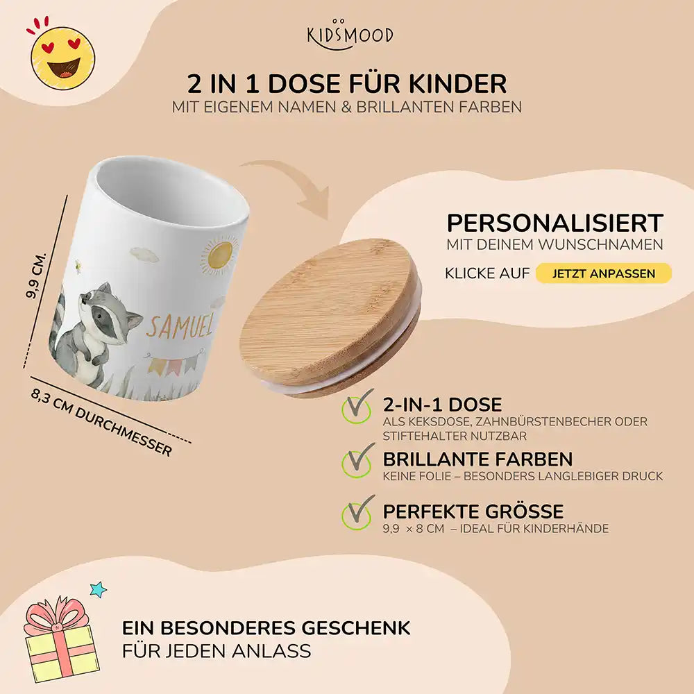 Personalisierte Keksdose WaschbÀr Sommer - mit eigenem Namen fuer kleine Schleckermaeuler