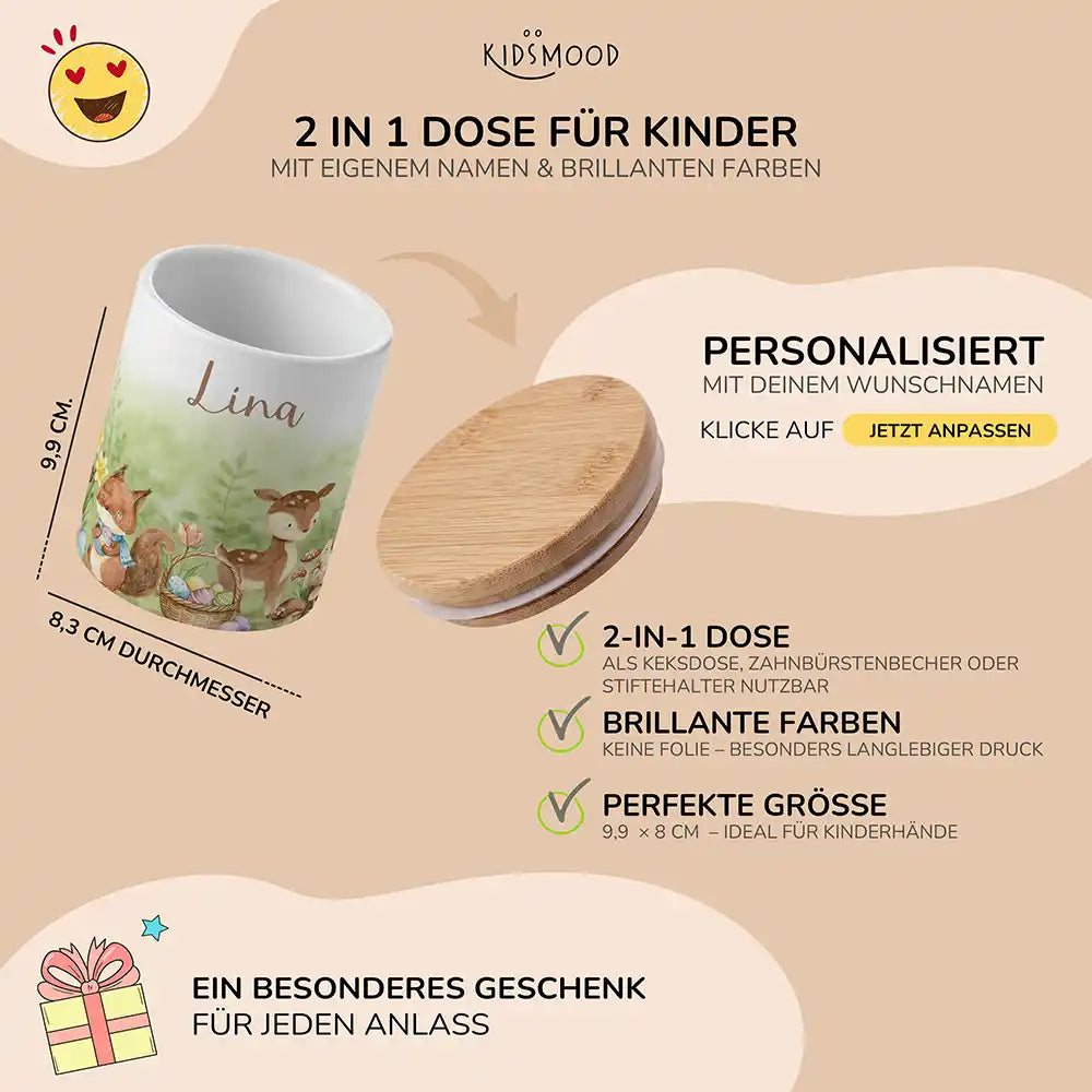Personalisierte Keksdose Ostern Reh & Fuchs - mit eigenem Namen fuer kleine Schleckermaeuler