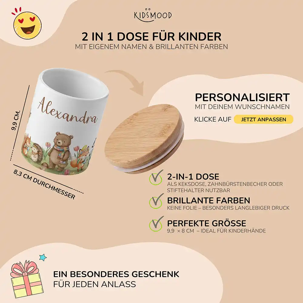 Personalisierte Keksdose Herbst-Waldtiere - mit eigenem Namen fuer kleine Schleckermaeuler