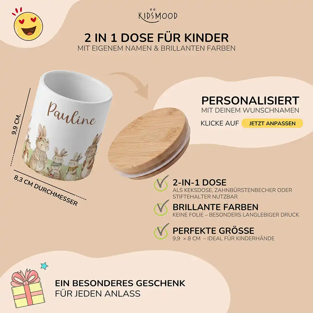 Personalisierte Keksdose Boho-Hasen - mit eigenem Namen fuer kleine Schleckermaeuler