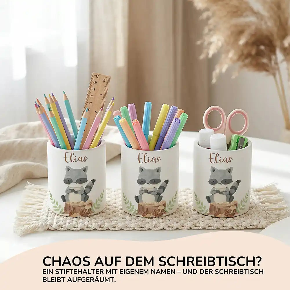 Personalisierter Stiftehalter Waschbär Wald aus Keramik - Wunschname - kidsmuod.com