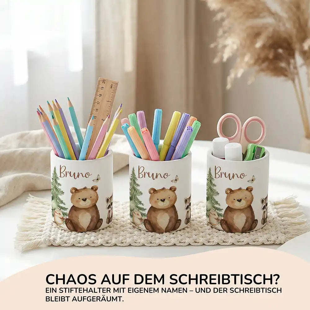 Personalisierter Stiftehalter BÀr & WaschbÀr aus Keramik - Wunschname - kidsmuod.com