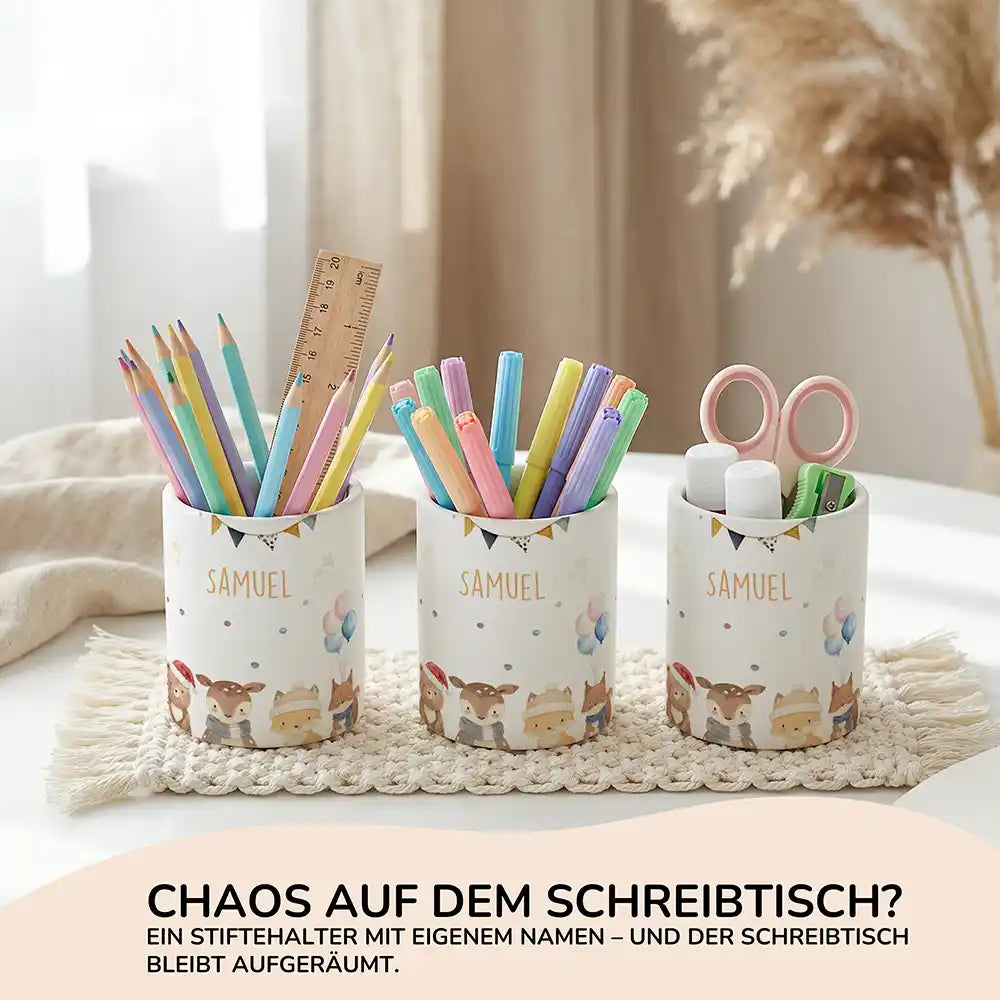 Personalisierter Stiftehalter Waldtiere Geburtstag aus Keramik - Wunschname - kidsmuod.com