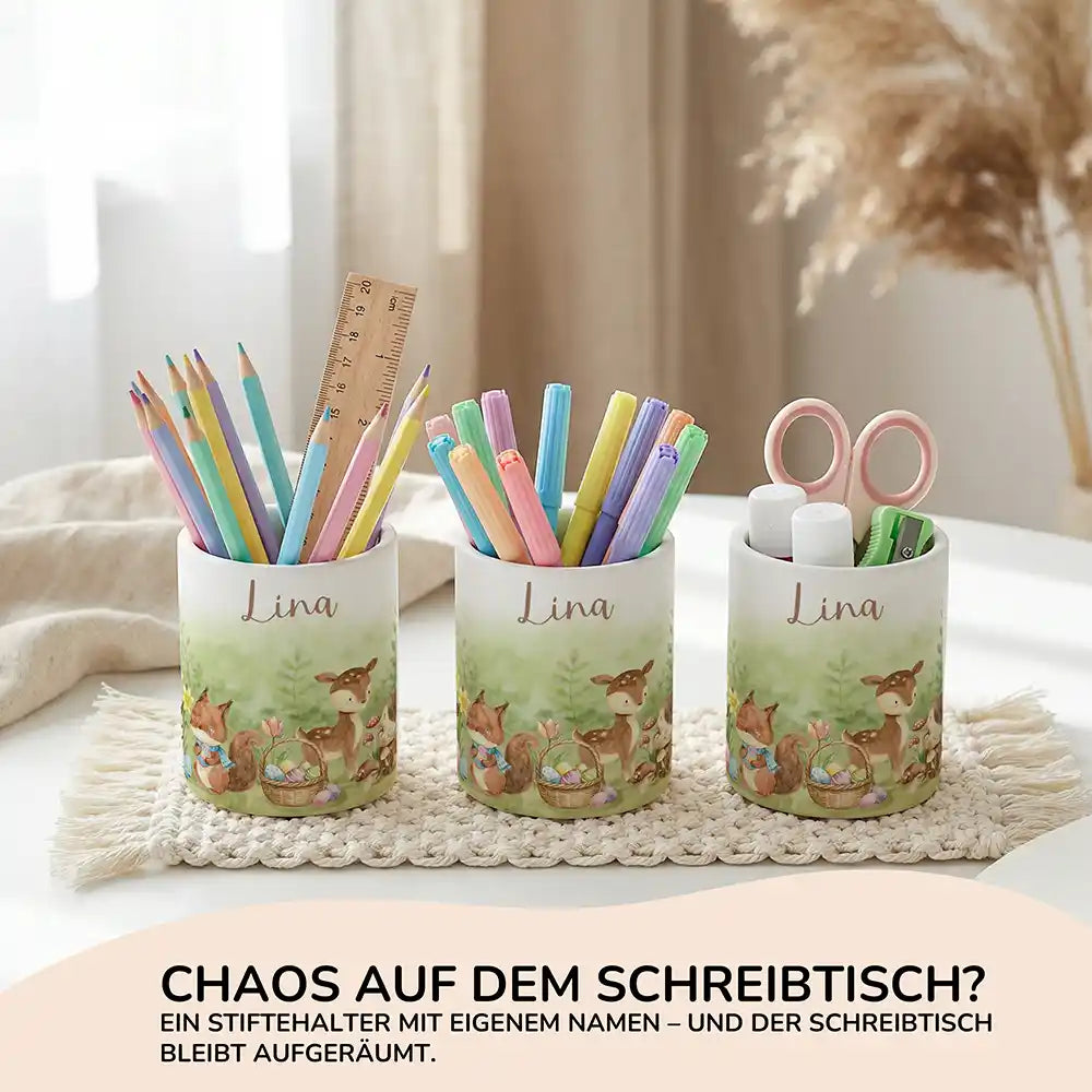 Personalisierter Stiftehalter Ostern Reh & Fuchs aus Keramik - Wunschname - kidsmuod.com