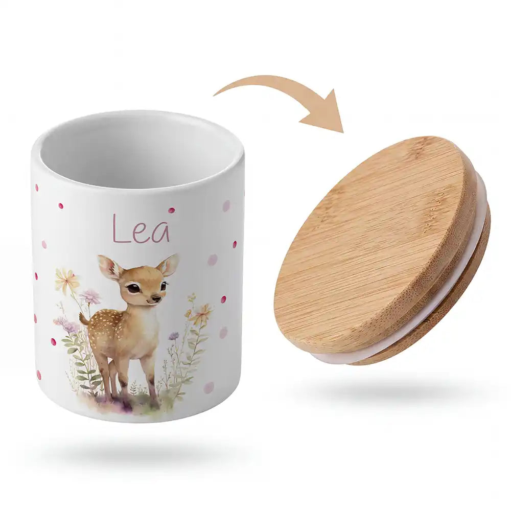 Keramik-Keksdose Rehkitz Blumenwiese mit Wunschnamen - Kinderzimmer-Geschenk