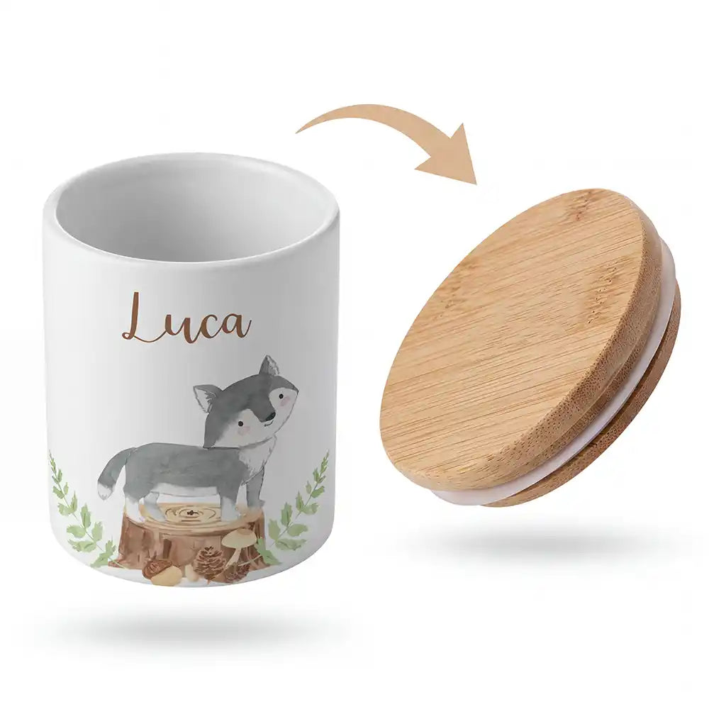 Keramik-Keksdose Wolf Wald mit Wunschnamen - Kinderzimmer-Geschenk