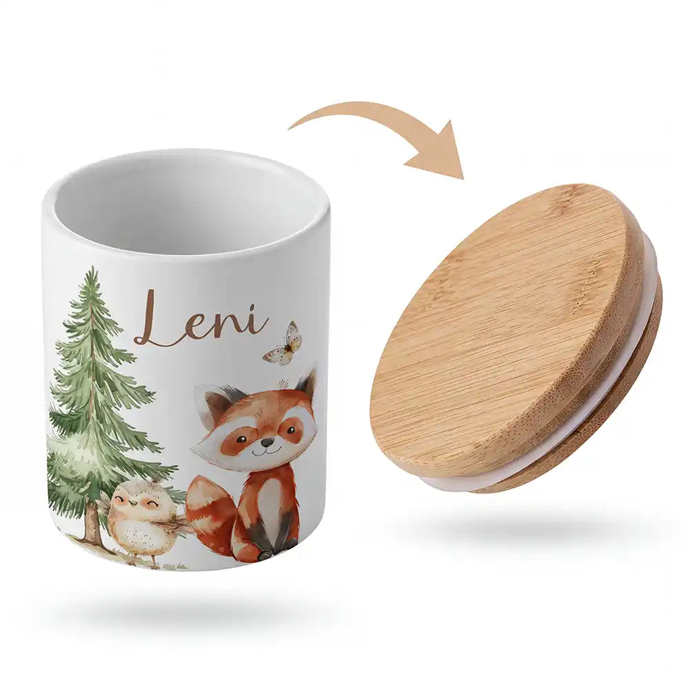 Keramik-Keksdose Roter Panda & Eule mit Wunschnamen - Kinderzimmer-Geschenk