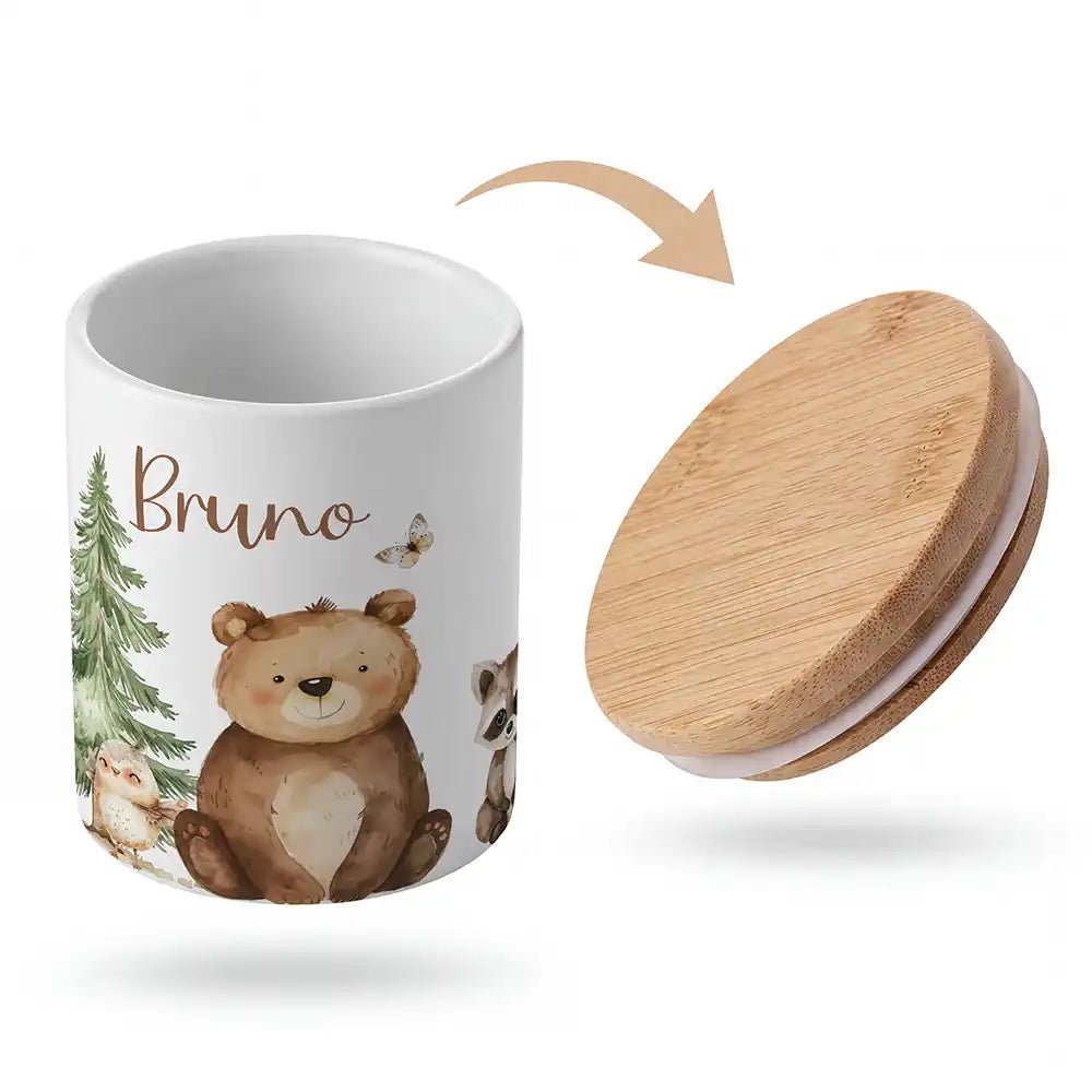 Keramik-Keksdose BÀr & WaschbÀr mit Wunschnamen - Kinderzimmer-Geschenk
