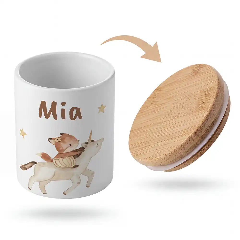 Keramik-Keksdose Fuchs & Einhorn mit Wunschnamen - Kinderzimmer-Geschenk