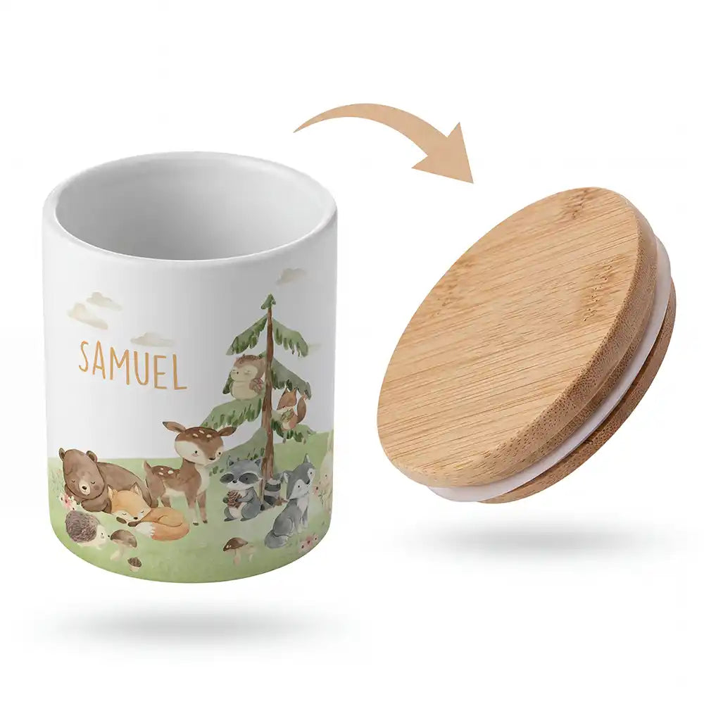Keramik-Keksdose Waldszene V mit Wunschnamen - Kinderzimmer-Geschenk