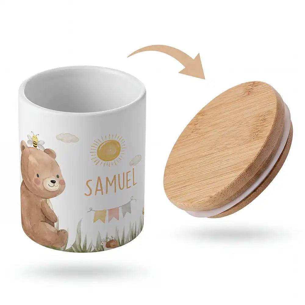 Keramik-Keksdose BĂ€r Sommer mit Wunschnamen - Kinderzimmer-Geschenk