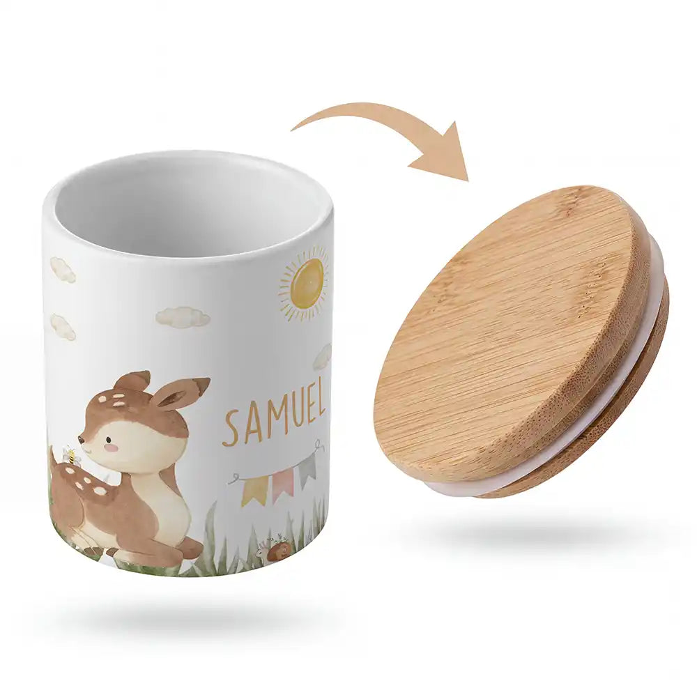 Keramik-Keksdose Rehkitz Sonne mit Wunschnamen - Kinderzimmer-Geschenk