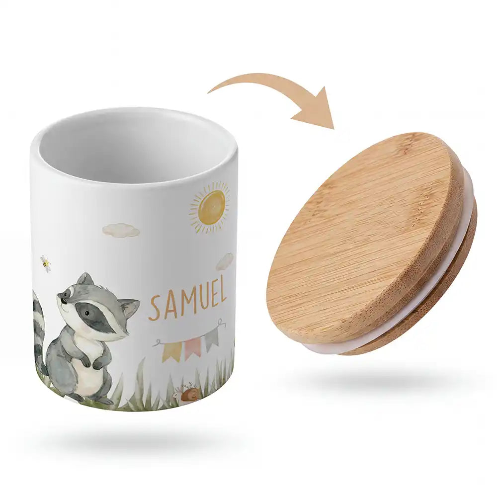 Keramik-Keksdose WaschbÀr Sommer mit Wunschnamen - Kinderzimmer-Geschenk