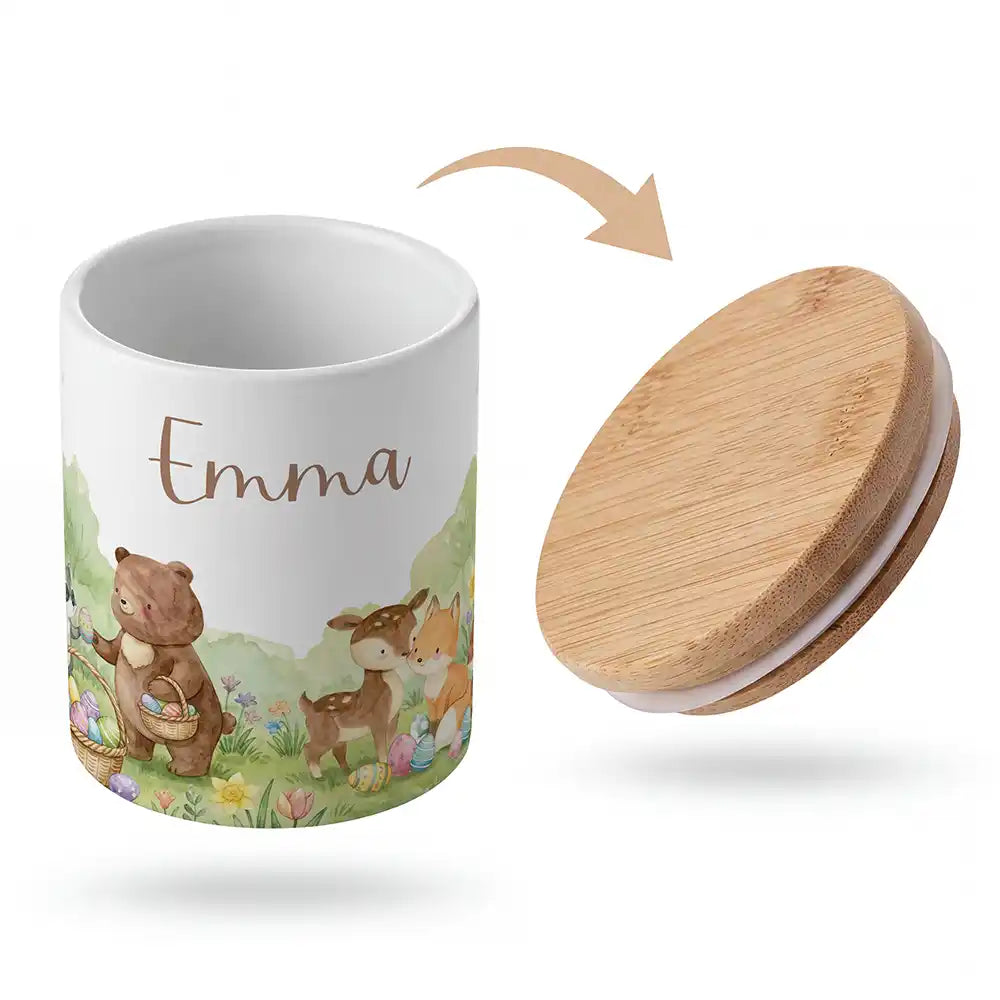 Keramik-Keksdose Ostern BĂ€renfamilie mit Wunschnamen - Kinderzimmer-Geschenk