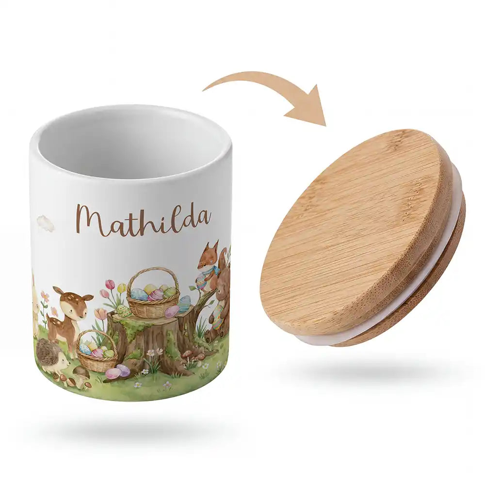 Keramik-Keksdose Ostern Rehkitz mit Wunschnamen - Kinderzimmer-Geschenk