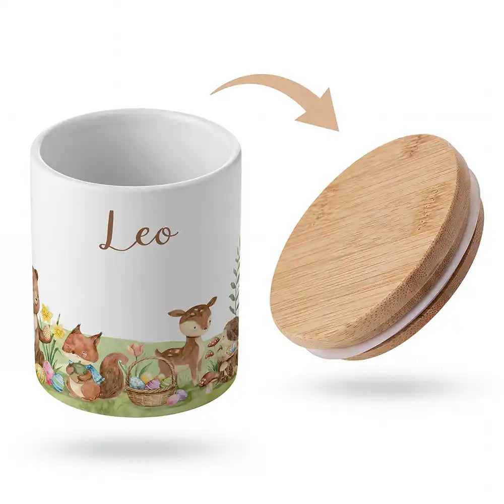 Keramik-Keksdose Ostern Frühlingswiese mit Wunschnamen - Kinderzimmer-Geschenk