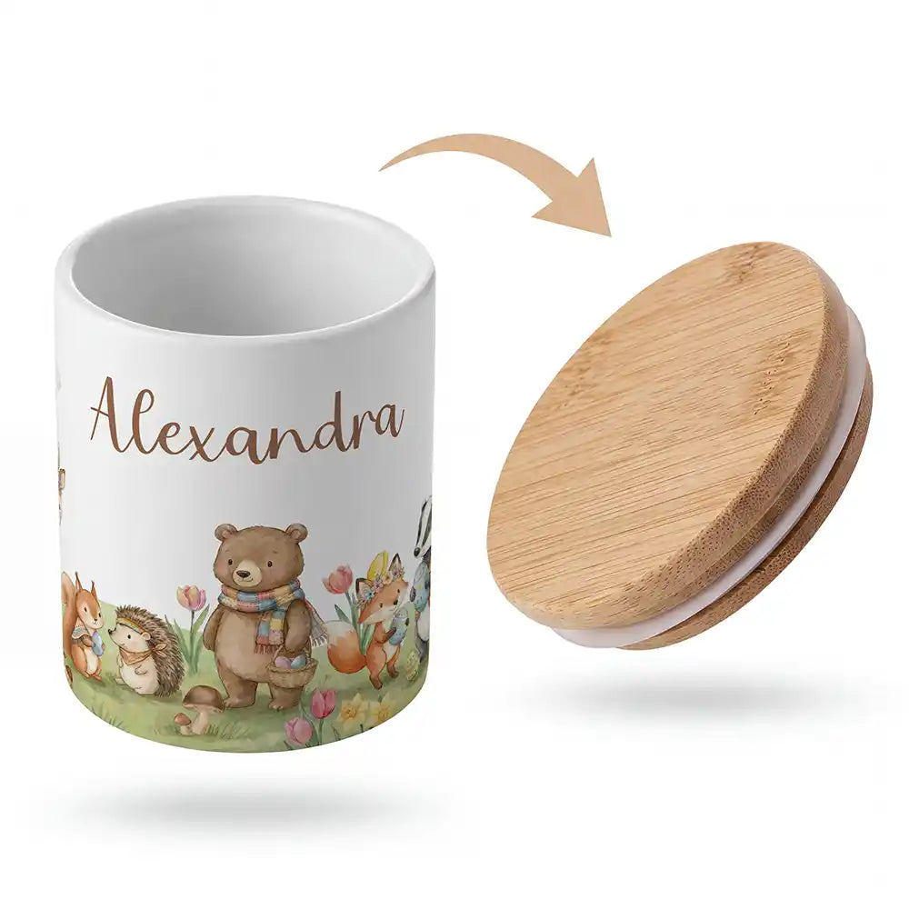 Keramik-Keksdose Herbst-Waldtiere mit Wunschnamen - Kinderzimmer-Geschenk