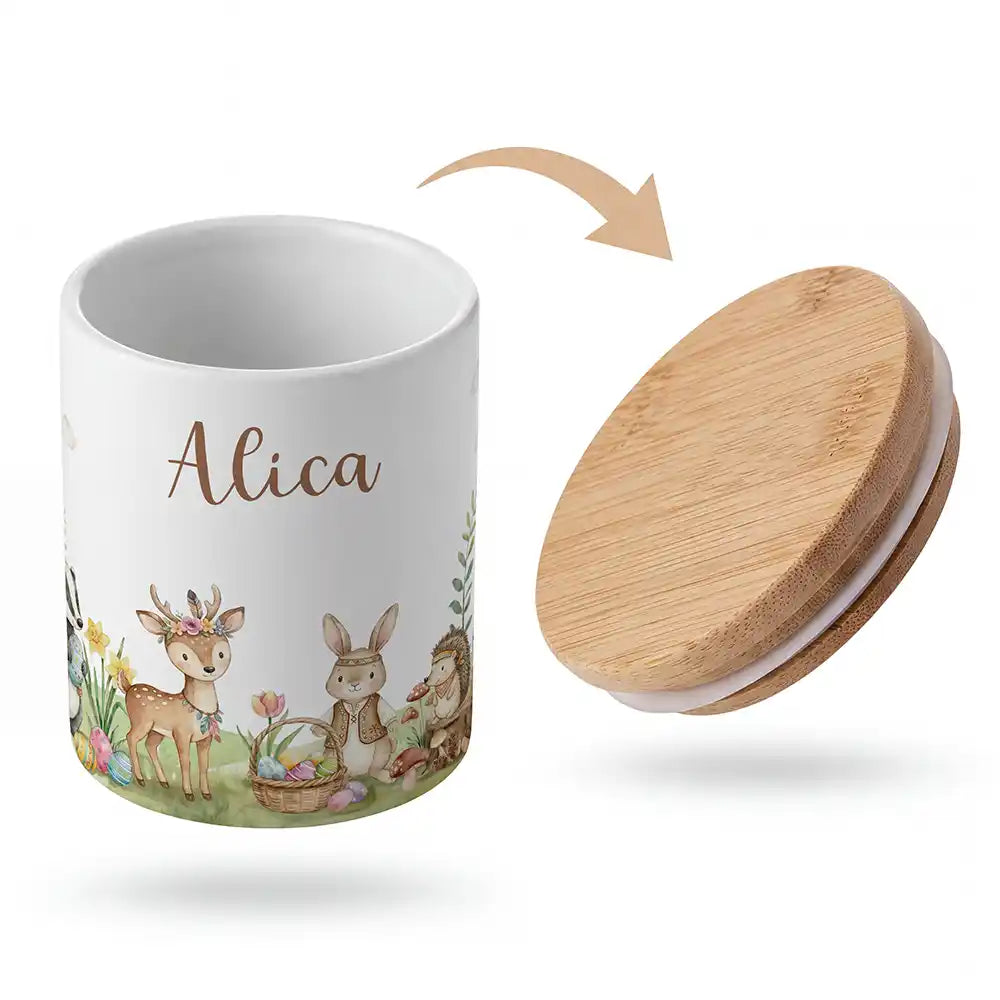 Keramik-Keksdose Ostern Waldtiere-Treff mit Wunschnamen - Kinderzimmer-Geschenk