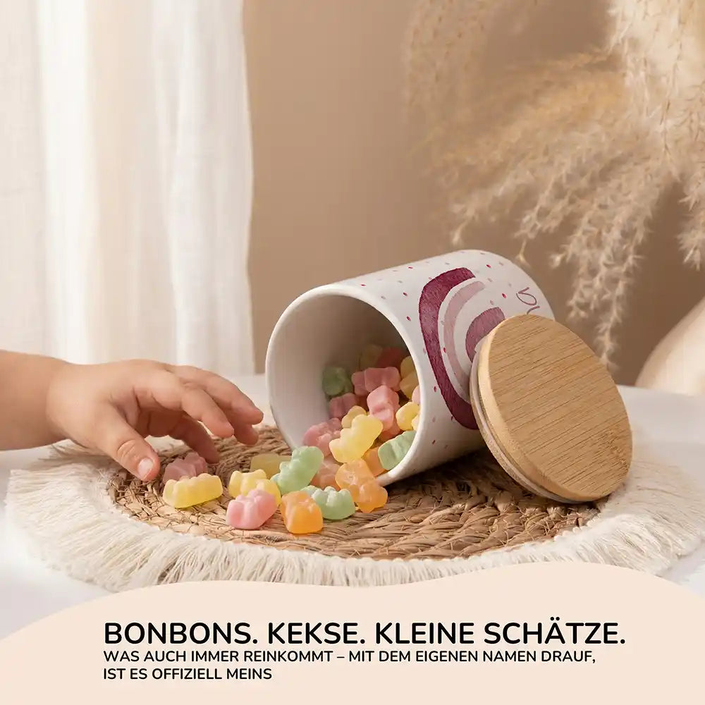 Personalisierte Keksdose Regenbogen Rosa - Seitenansicht mit Bambusdeckel