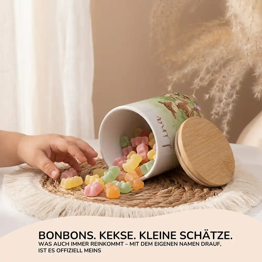 Personalisierte Keksdose Ostern Reh & Fuchs - Seitenansicht mit Bambusdeckel