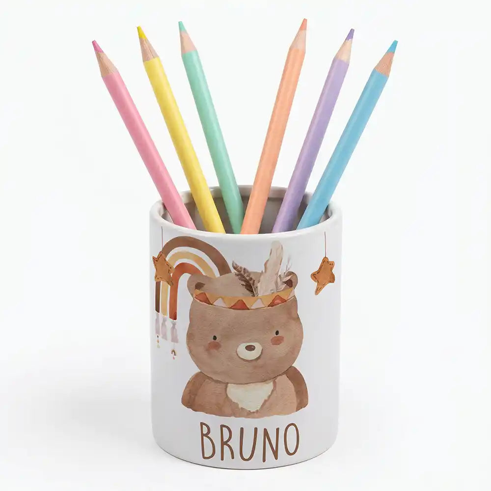 Personalisierter Stiftehalter Boho-BĂ€r - Keramik-Dose (auch als Spardose nutzbar)
