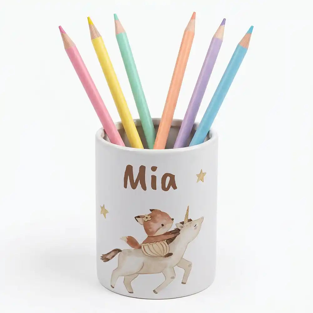 Personalisierter Stiftehalter Fuchs & Einhorn - Keramik-Dose (auch als Spardose nutzbar)