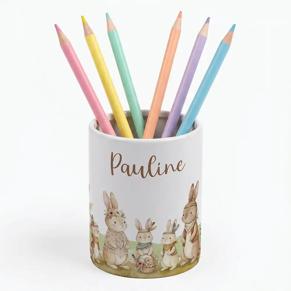 Personalisierter Stiftehalter Boho-Hasen - Keramik-Dose (auch als Spardose nutzbar)