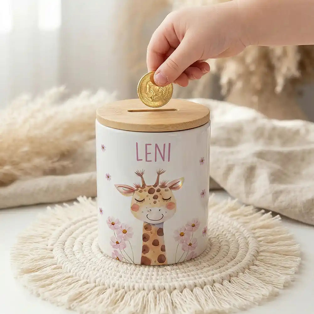 Personalisierte Spardose Giraffe Blumen – Keramik & Bambus mit Wunschname