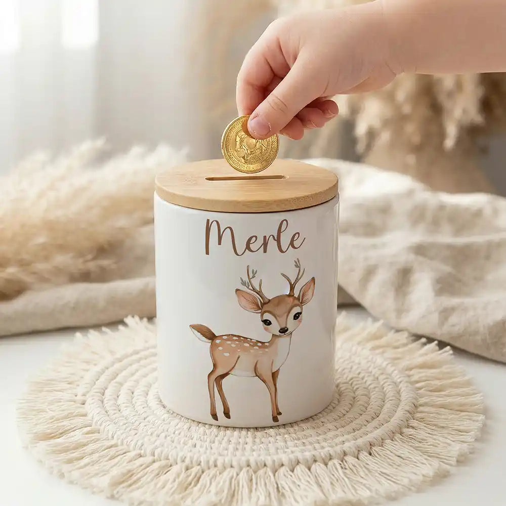 Personalisierte Spardose Rehkitz Bambi – Keramik & Bambus mit Wunschname