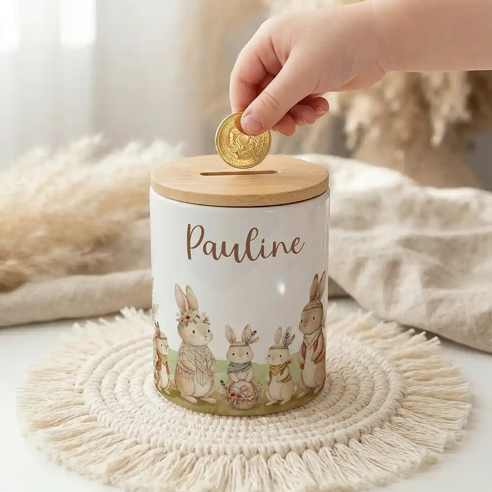 Personalisierte Spardose Boho-Hasen – Keramik & Bambus mit Wunschname
