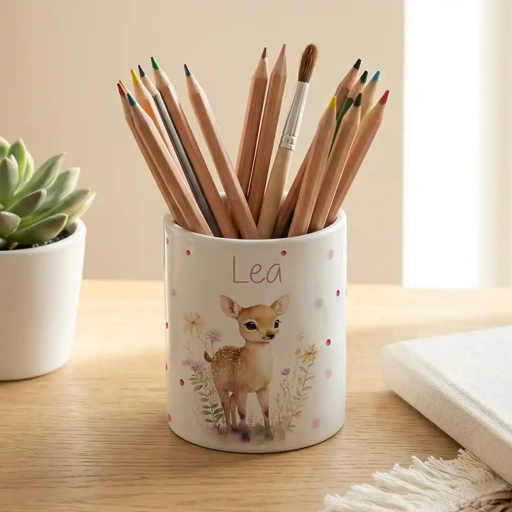 Personalisierter Stiftehalter Rehkitz Blumenwiese - Keramik weiß-matt - Detailansicht