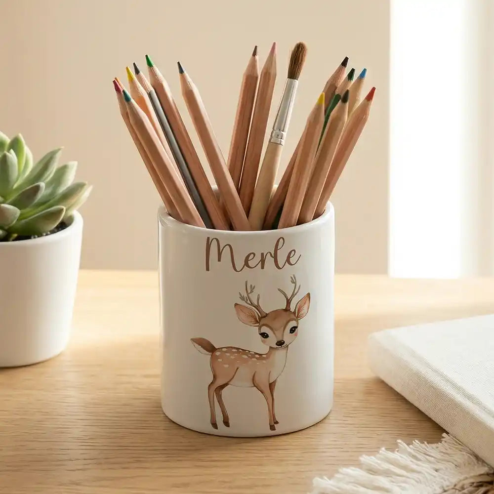 Personalisierter Stiftehalter Rehkitz Bambi - Keramik weiĂ-matt - Detailansicht