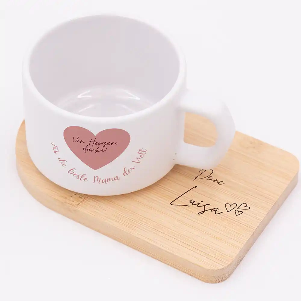 Muttertagsgeschenk Keramikbecher Von Herzen danke â Rosa Herz â matter Keramikbecher personalisiert mit Bambus-Untersetzer Gravur