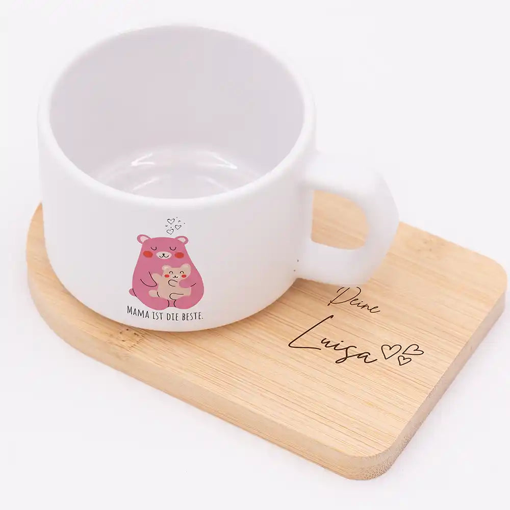 Muttertagsgeschenk Keramikbecher BĂ€r Mama & Kind â matter Keramikbecher personalisiert mit Bambus-Untersetzer Gravur