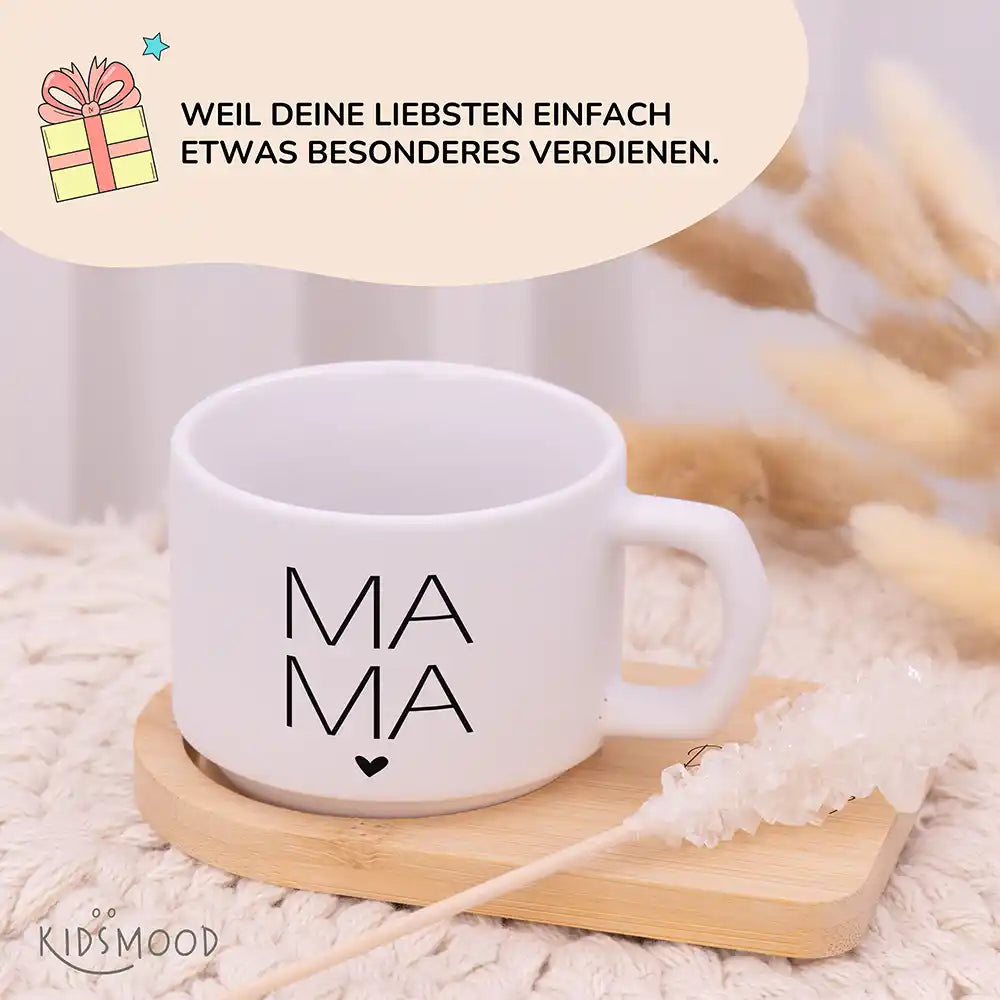Keramiktasse made in Hamburg MAMA Großbuchstaben – Bambus-Untersetzer personalisiert