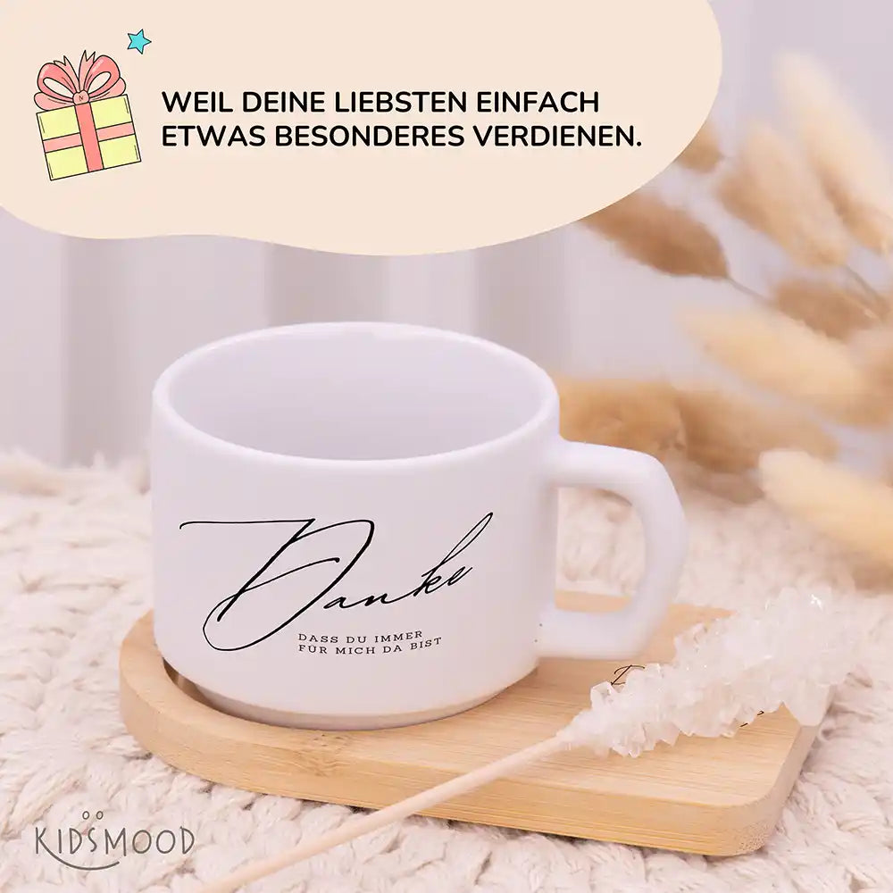 Keramiktasse made in Hamburg Danke â immer fĂŒr mich da â Bambus-Untersetzer personalisiert