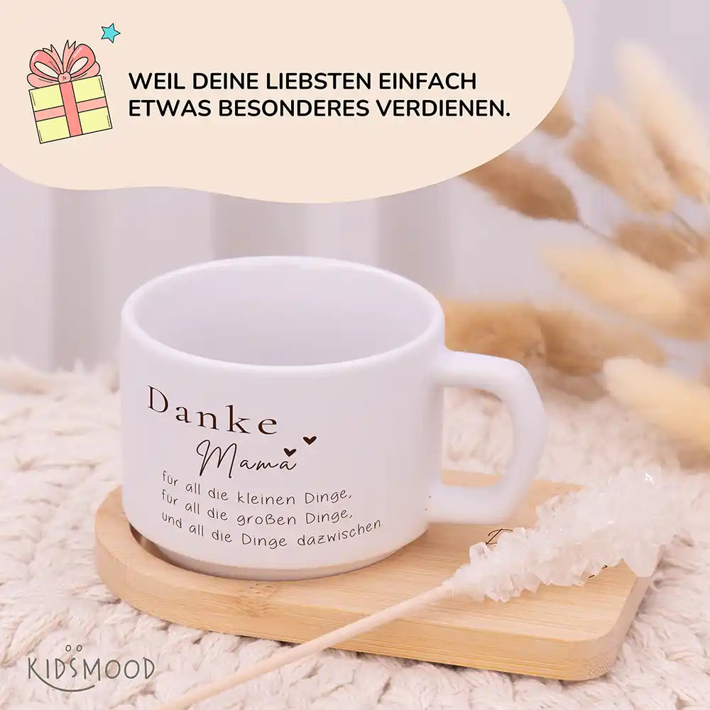 Keramiktasse made in Hamburg Danke Mama – kleine und große Dinge – Bambus-Untersetzer personalisiert